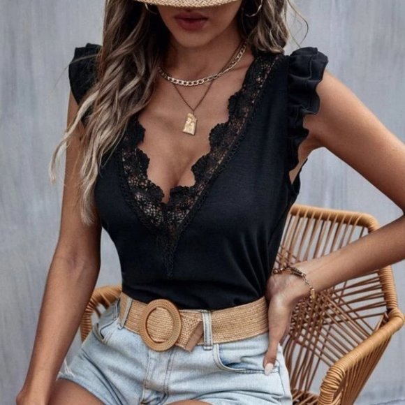 Boho  Plunging Neck Lace Trim Ruffle Sleeve Blouse black - Picture 6 of 6